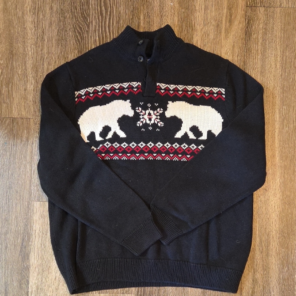 Chaps Black Crewneck Sweater with Bear Motif
